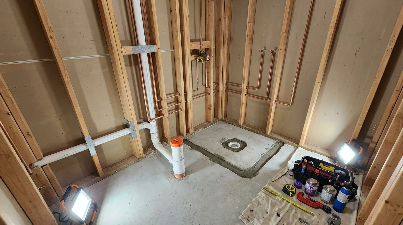 Bathroom rough-in plumbing during remodel by Johns Plumbing LLC in Peebles