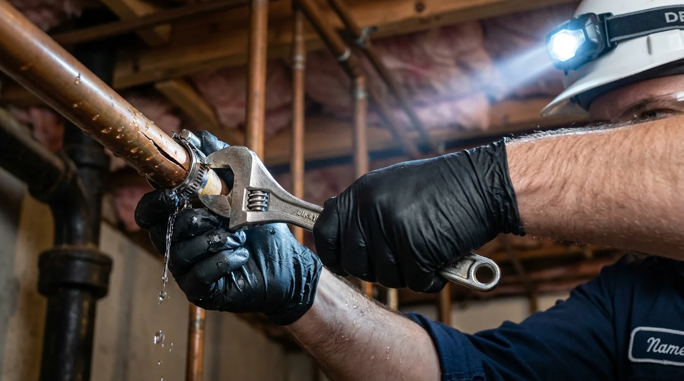 Emergency pipe clamp repair being performed by a Johns Plumbing LLC plumber in Peebles