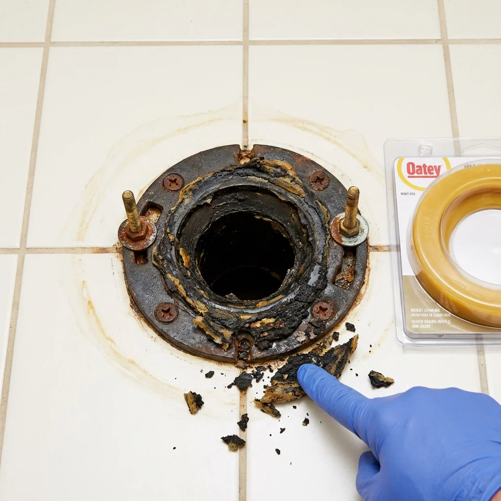 Failed wax ring showing water seepage at the base of a toilet in a Peebles, OH home